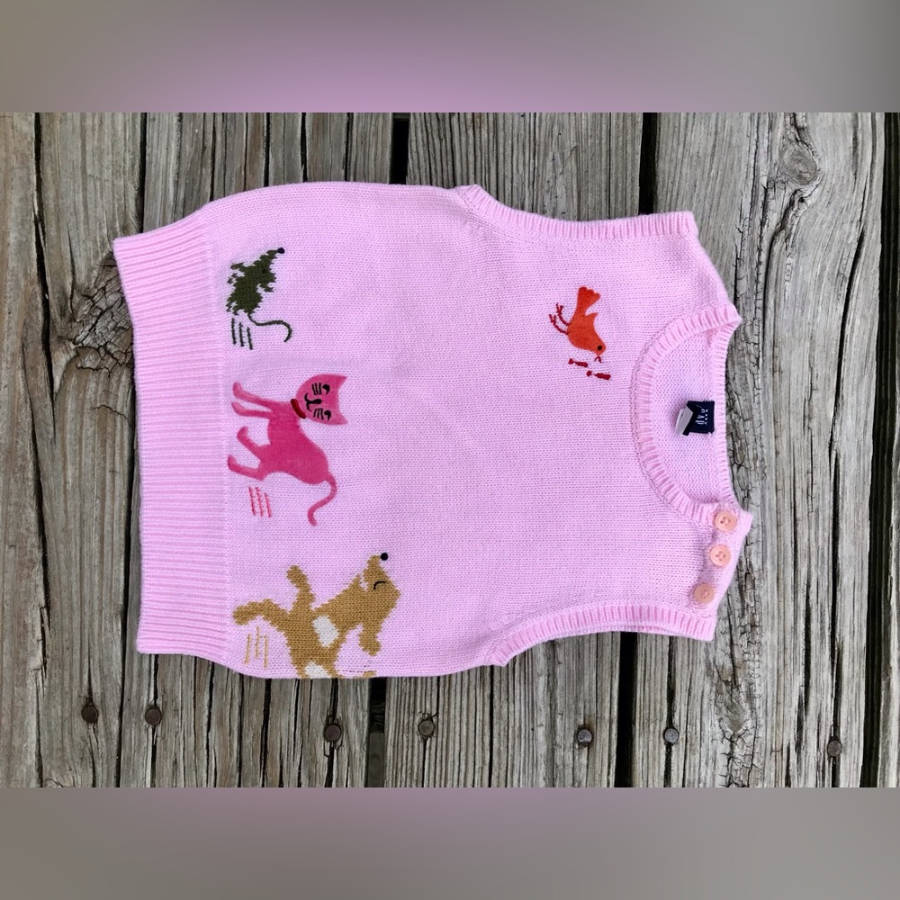 3T Girls GAP Pink Pets Intarsia Cat Dog Mouse Bird Sweater Vest Top Shirt 3 Year - Picture 4 of 7